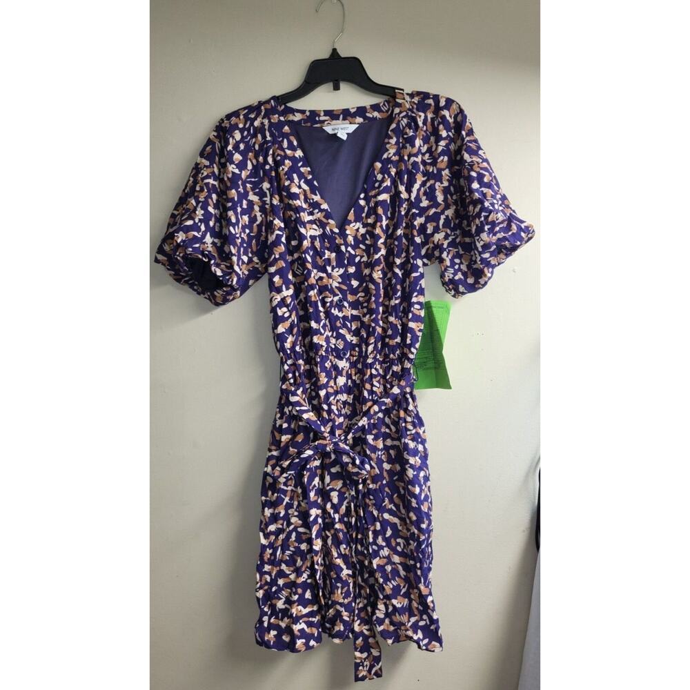 Nine West Dress Womens Blue Med V Neck Short Ruffle Sleeve Loose Belted peplum